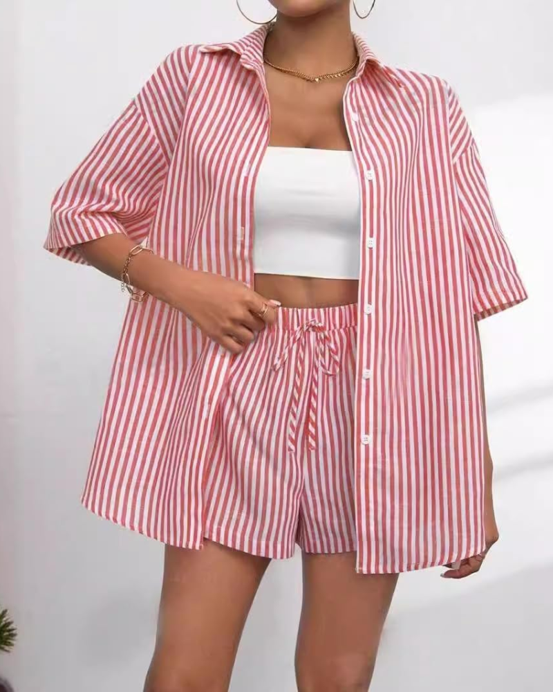 Bianca Conjunto Mujer – Set Rayas Dos Piezas, Camisa Manga Corta y Shorts