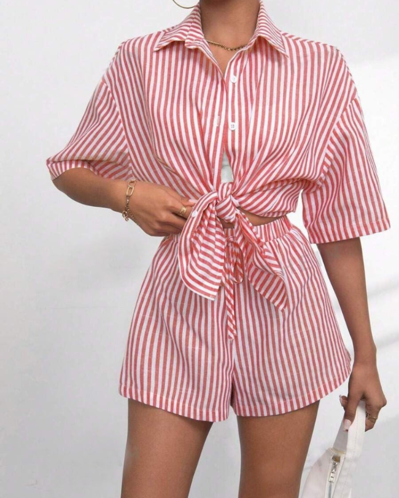 Bianca Conjunto Mujer – Set Rayas Dos Piezas, Camisa Manga Corta y Shorts