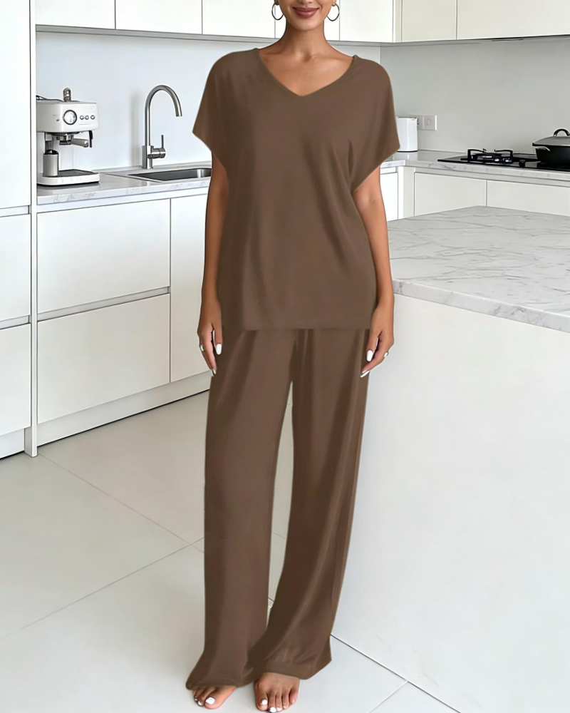 Carmen Conjunto Lounge Mujer – Top Escote en V, Manga Corta y Pantalón Ancho