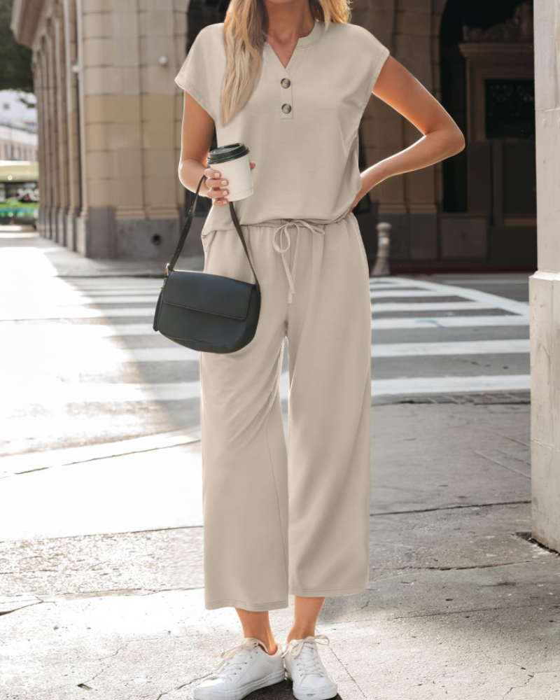 Amelie Conjunto Mujer – Set Punto 2 Piezas con Top Escote en V y Pantalón Ancho