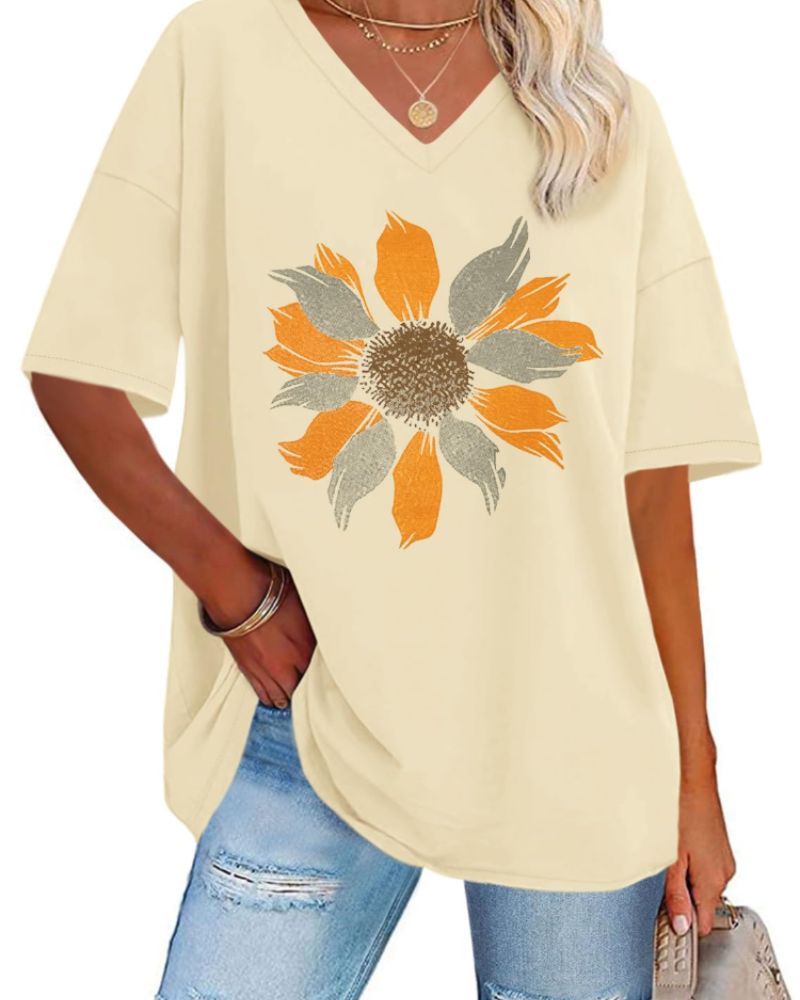 Riley Camiseta Mujer – Oversized con V-Cuello, Estampado Gráfico y Corte Suelto