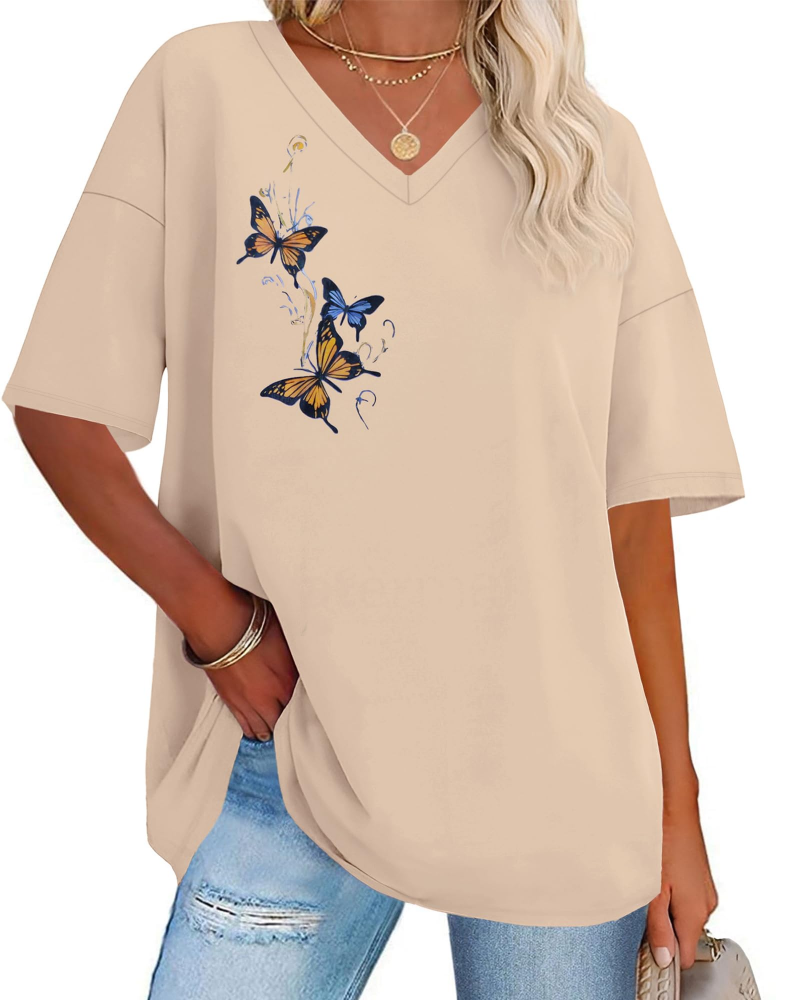 Riley Camiseta Mujer – Oversized con V-Cuello, Estampado Gráfico y Corte Suelto
