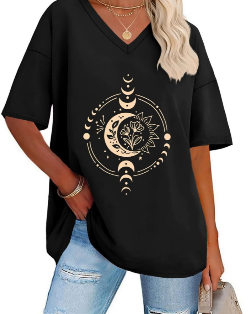 Riley Camiseta Mujer – Oversized con V-Cuello, Estampado Gráfico y Corte Suelto