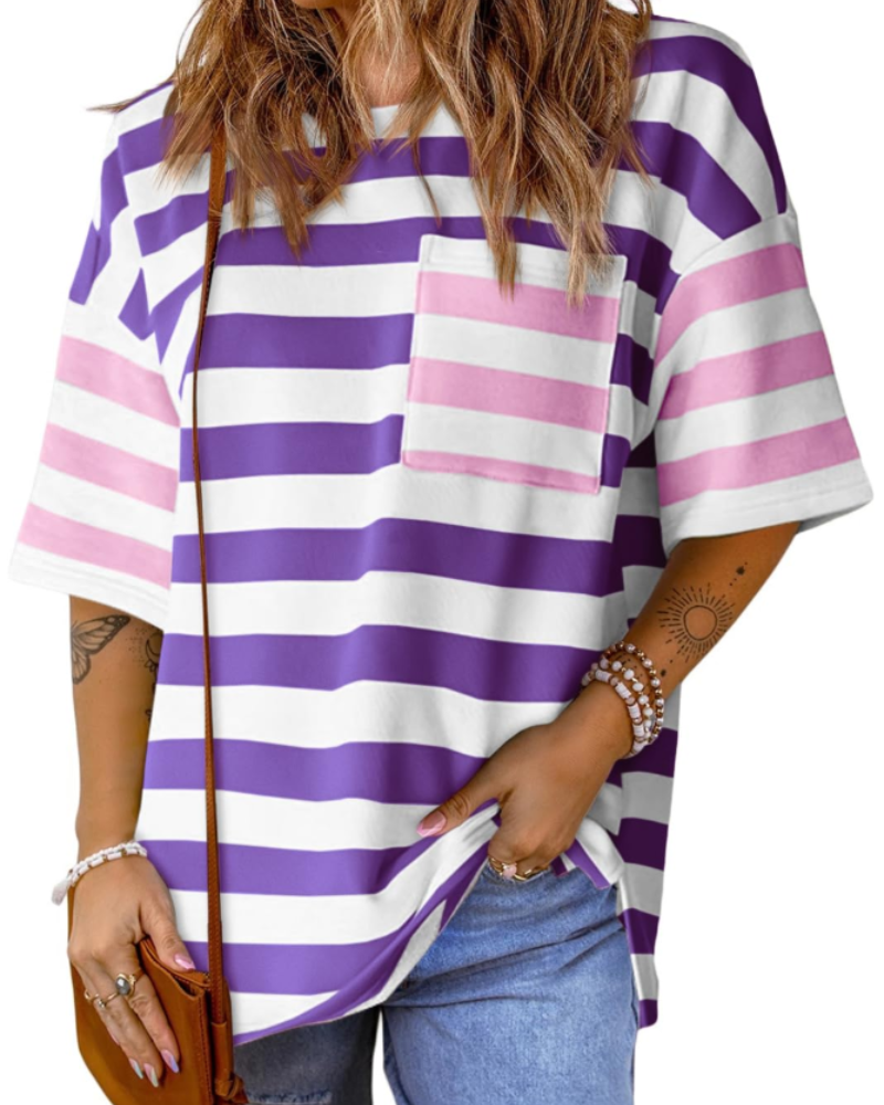 Lauren Camiseta Mujer – Oversized a Rayas con Manga Corta y Diseño Color Block