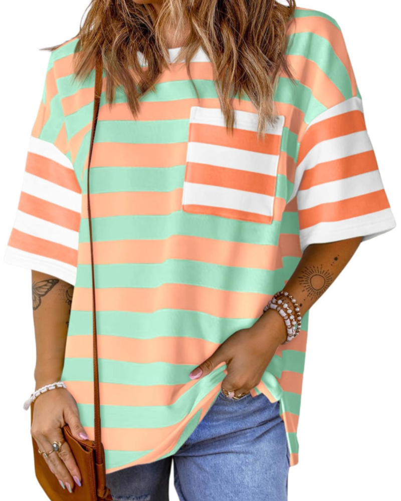 Lauren Camiseta Mujer – Oversized a Rayas con Manga Corta y Diseño Color Block