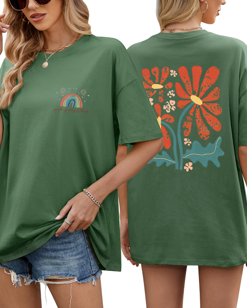 Monica Camiseta Oversize Mujer – 100% Algodón, Estampado Arcoíris y Floral