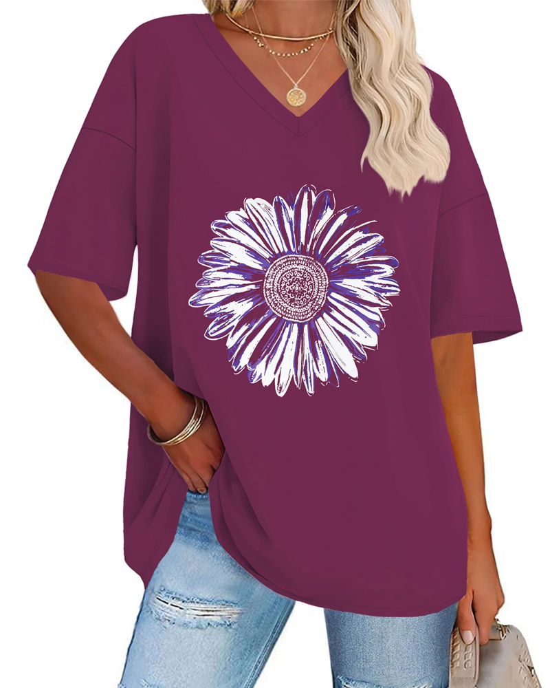 Riley Camiseta Mujer – Oversized con V-Cuello, Estampado Gráfico y Corte Suelto