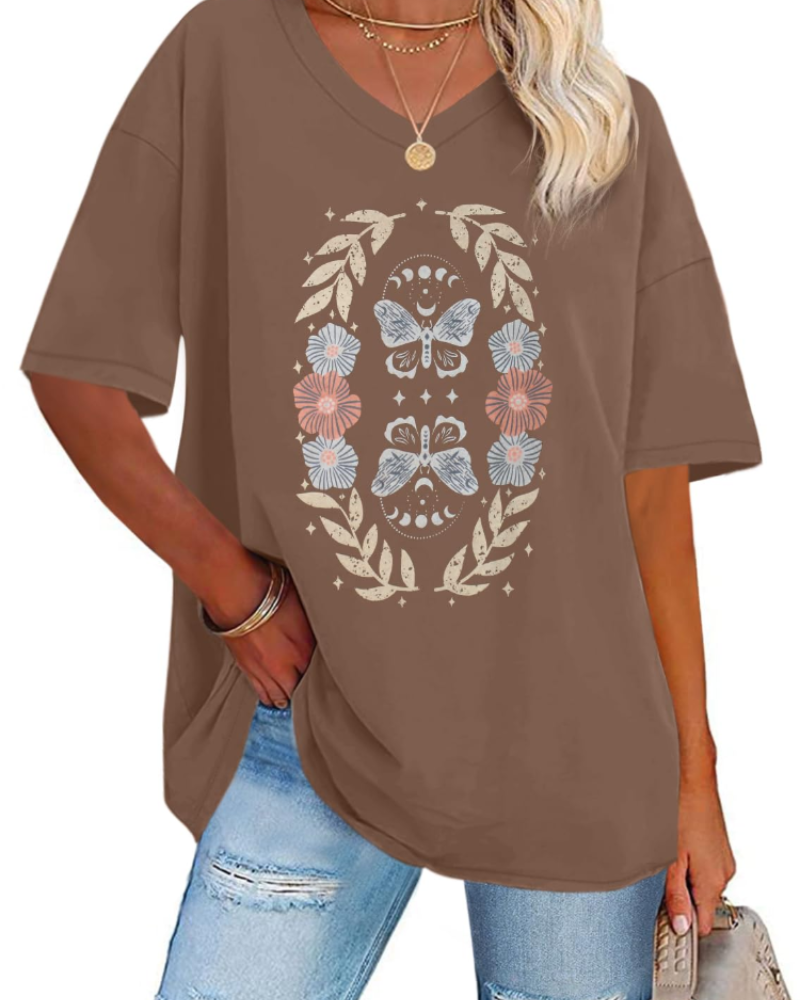 Riley Camiseta Mujer – Oversized con V-Cuello, Estampado Gráfico y Corte Suelto