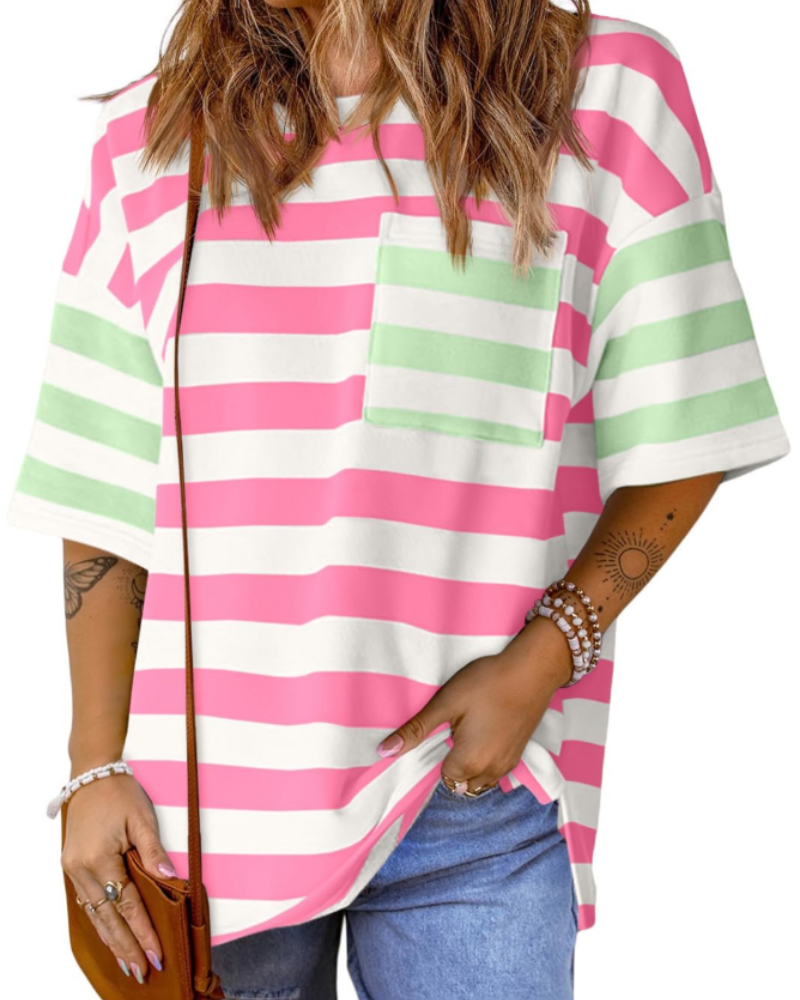 Lauren Camiseta Mujer – Oversized a Rayas con Manga Corta y Diseño Color Block