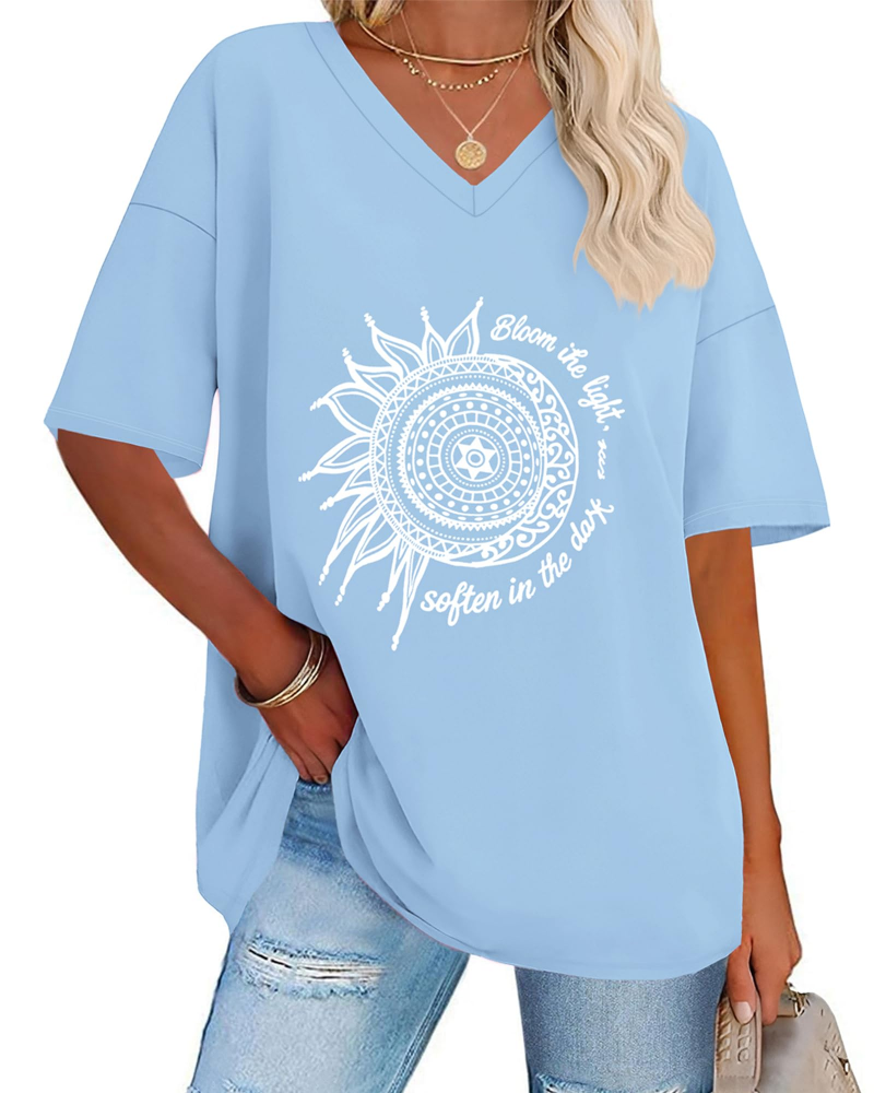 Riley Camiseta Mujer – Oversized con V-Cuello, Estampado Gráfico y Corte Suelto