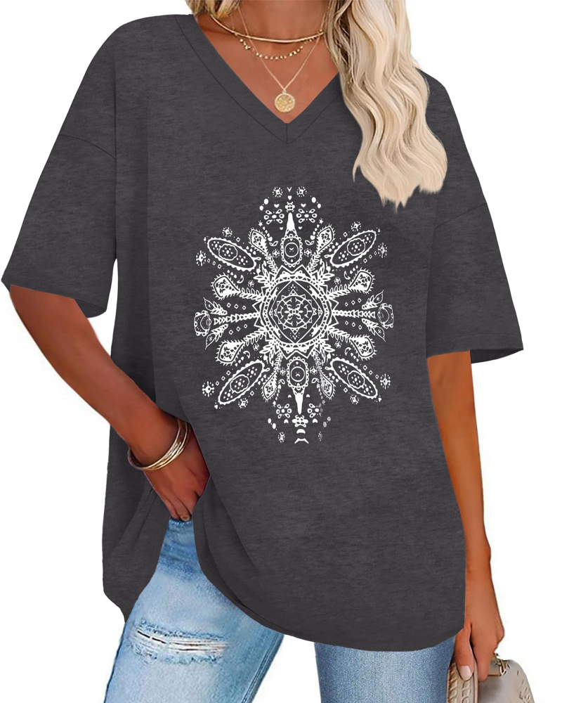 Riley Camiseta Mujer – Oversized con V-Cuello, Estampado Gráfico y Corte Suelto