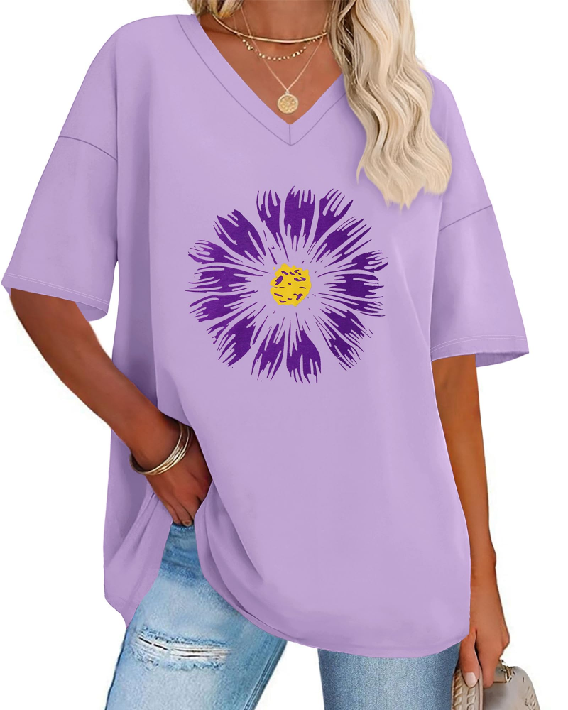 Riley Camiseta Mujer – Oversized con V-Cuello, Estampado Gráfico y Corte Suelto