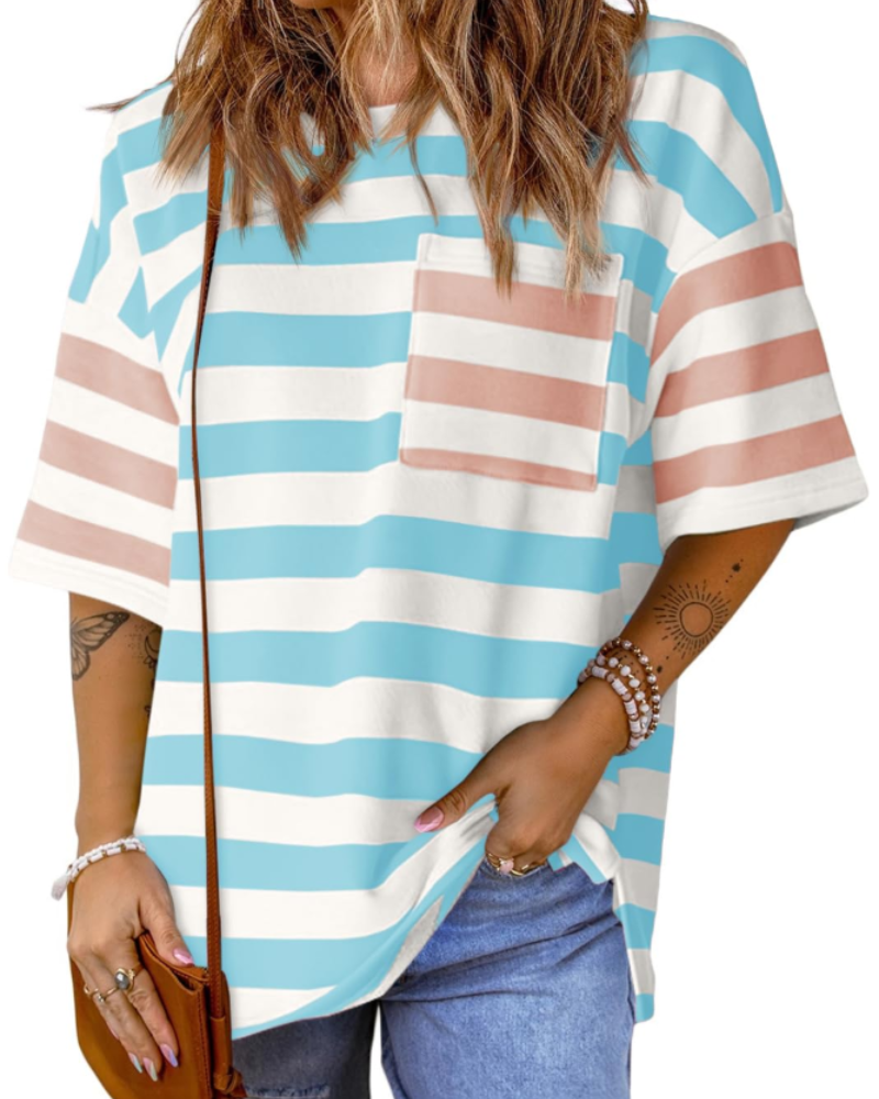 Lauren Camiseta Mujer – Oversized a Rayas con Manga Corta y Diseño Color Block