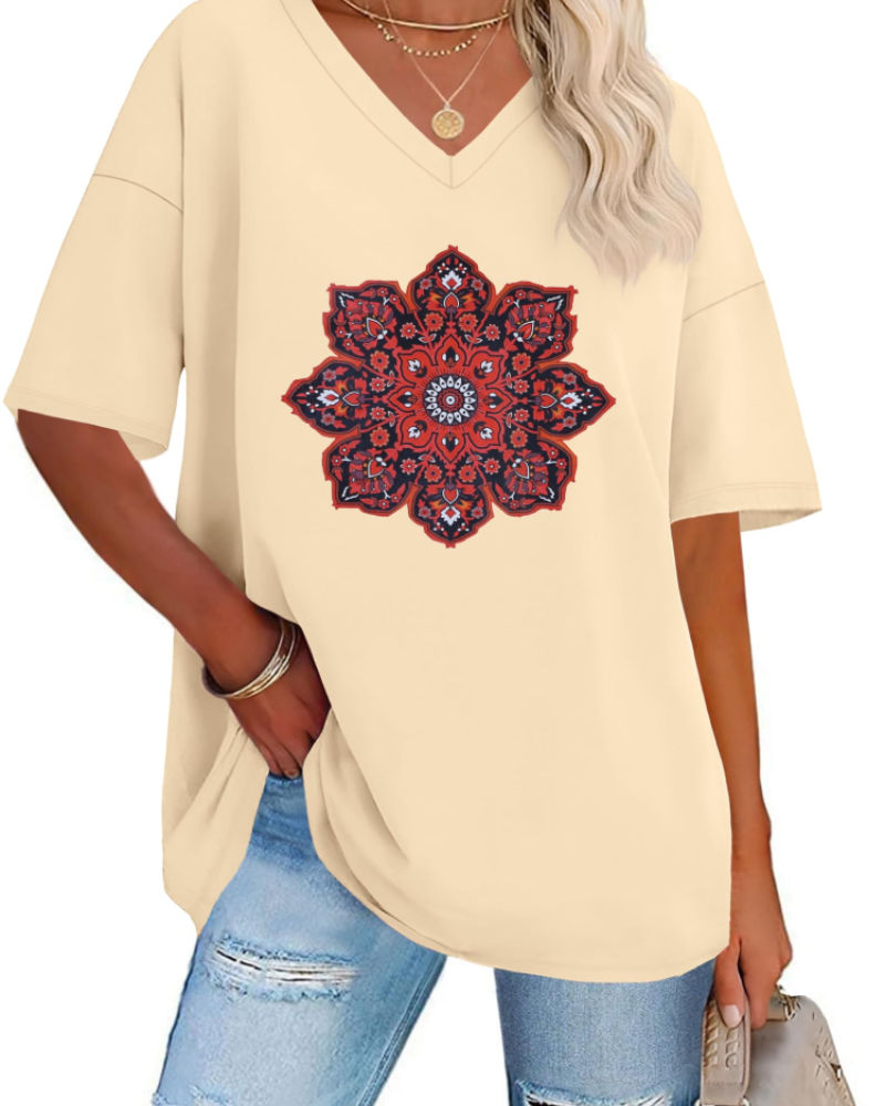 Riley Camiseta Mujer – Oversized con V-Cuello, Estampado Gráfico y Corte Suelto