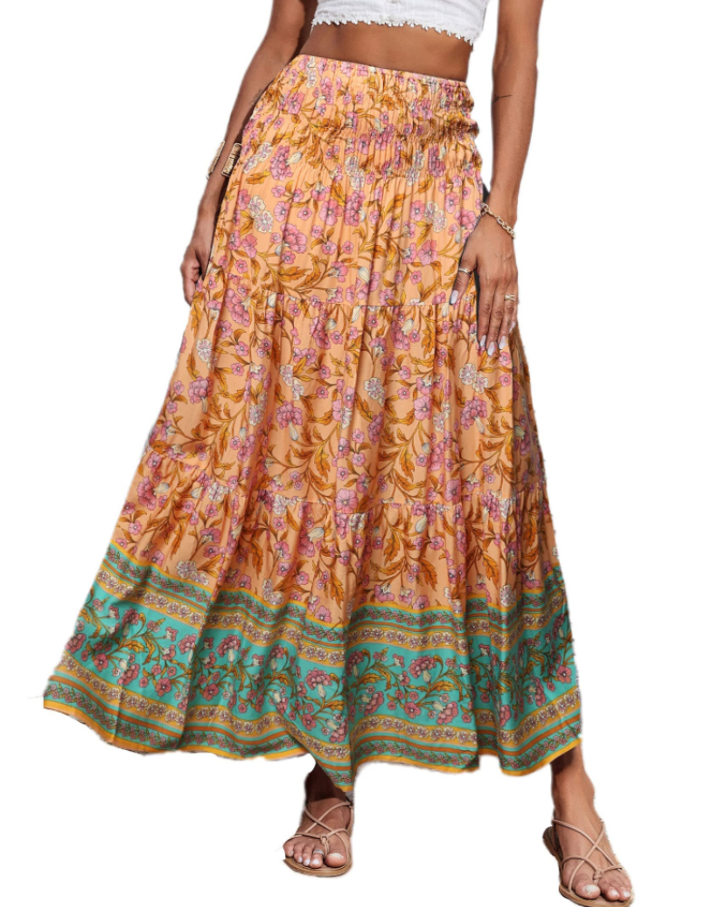 Bianca Falda Maxi Tallas Grandes – Boho Floral, Cintura Elástica y Bajo Plisado