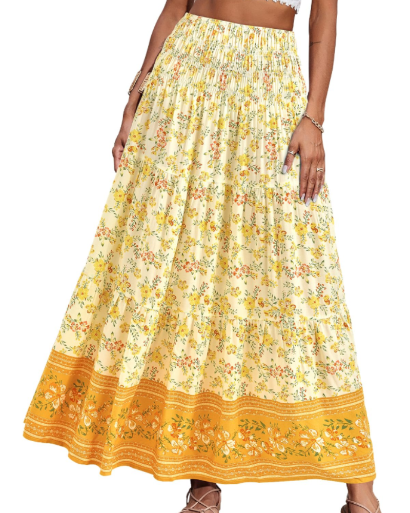 Bianca Falda Maxi Tallas Grandes – Boho Floral, Cintura Elástica y Bajo Plisado