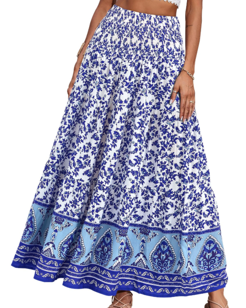 Bianca Falda Maxi Tallas Grandes – Boho Floral, Cintura Elástica y Bajo Plisado