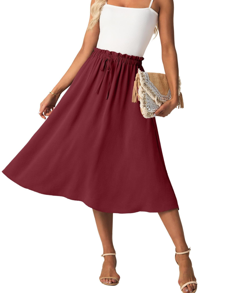 Maya Falda Midi Mujer – Corte A-Line con Cintura Elástica y Cordón Ajustable
