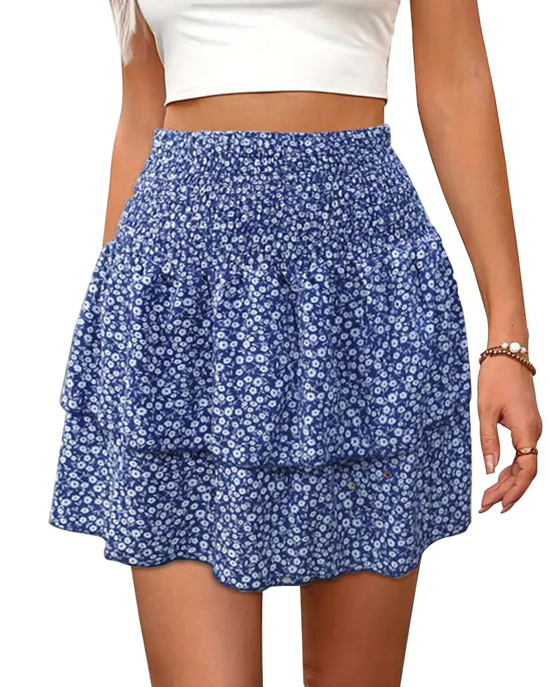 Violet Falda Mini Mujer – Floral Boho con Cintura Alta Elástica y Volantes