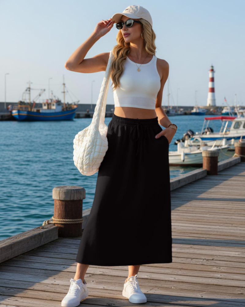 Alice Falda Maxi Mujer – Corte A-Line con Cintura Elástica, Cordón y Bolsillos