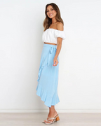 Olivia Falda Wrap Mujer – Corte Midi A-Line con Cintura Ajustable y Volante Asimétrico