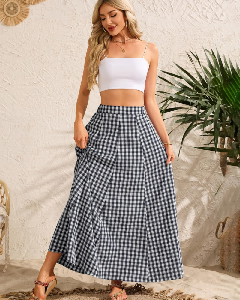 Hailey Falda Maxi Mujer – Diseño Cuadros A-Line con Bolsillos y Corte Largo Elegante