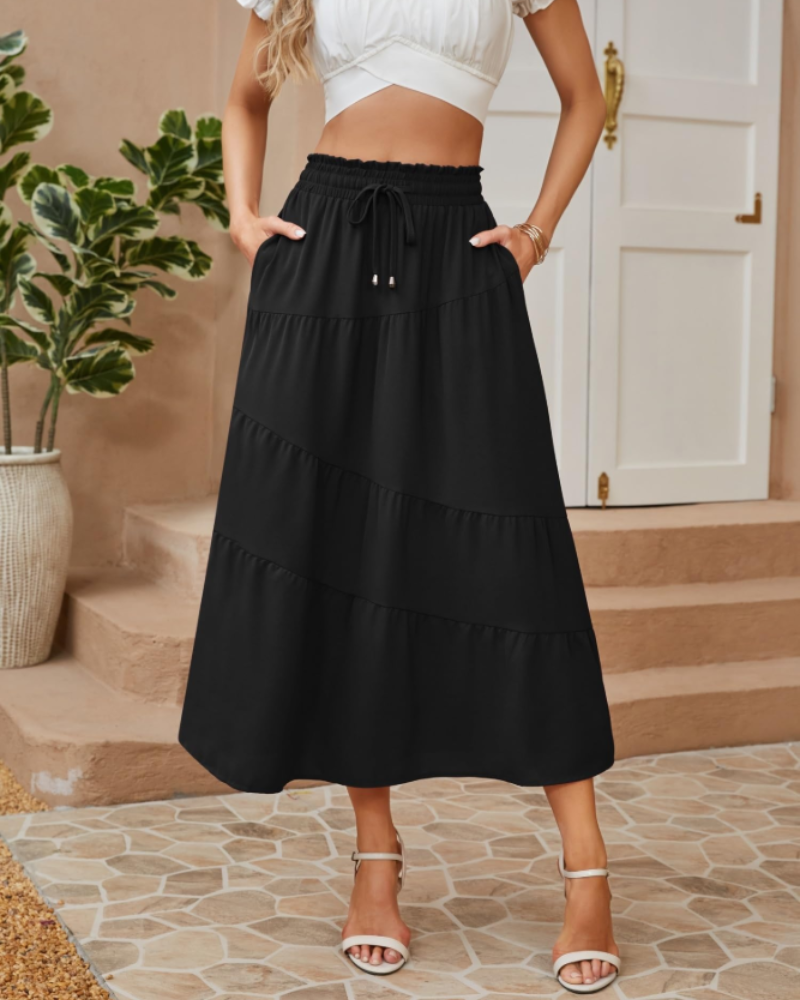 Aurora Falda Maxi Mujer – Boho por Niveles con Cintura Alta, Cordón y Bolsillos