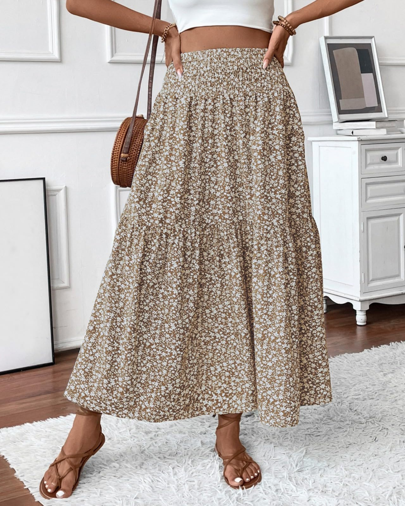 Camila Falda Maxi Mujer – Floral con Cintura Alta Elástica y Bolsillos