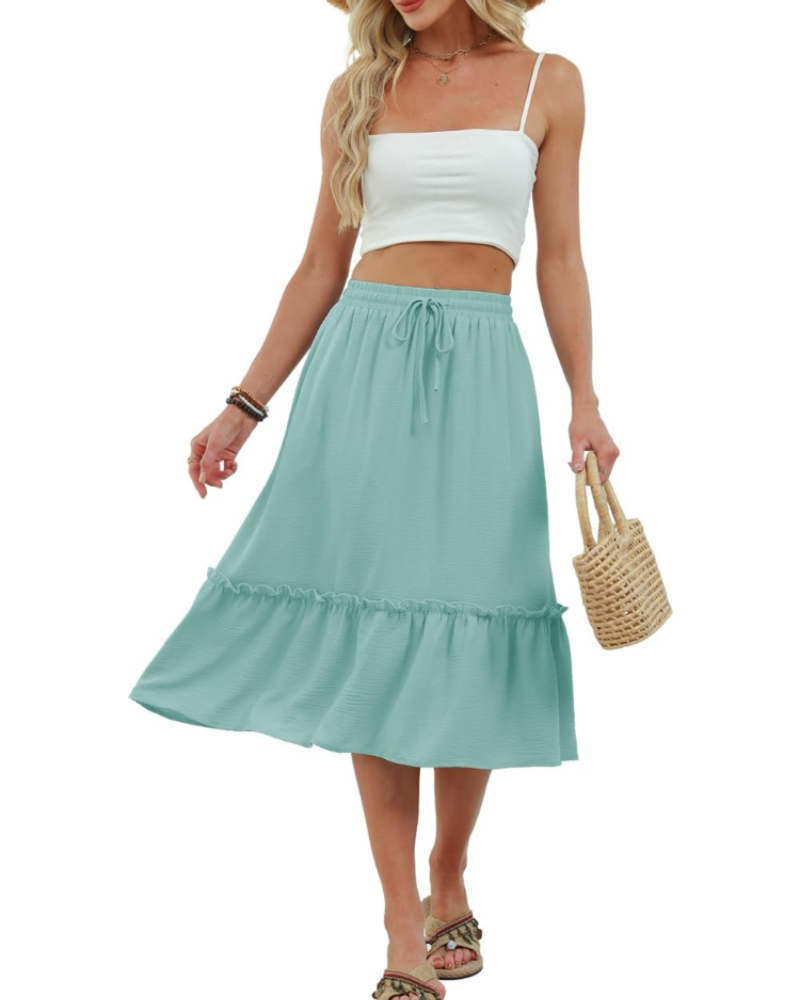 Freya Falda Midi Mujer – Falda Casual con Cintura Elástica, Cordón Ajustable y Bolsillos