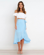 Olivia Falda Wrap Mujer – Corte Midi A-Line con Cintura Ajustable y Volante Asimétrico