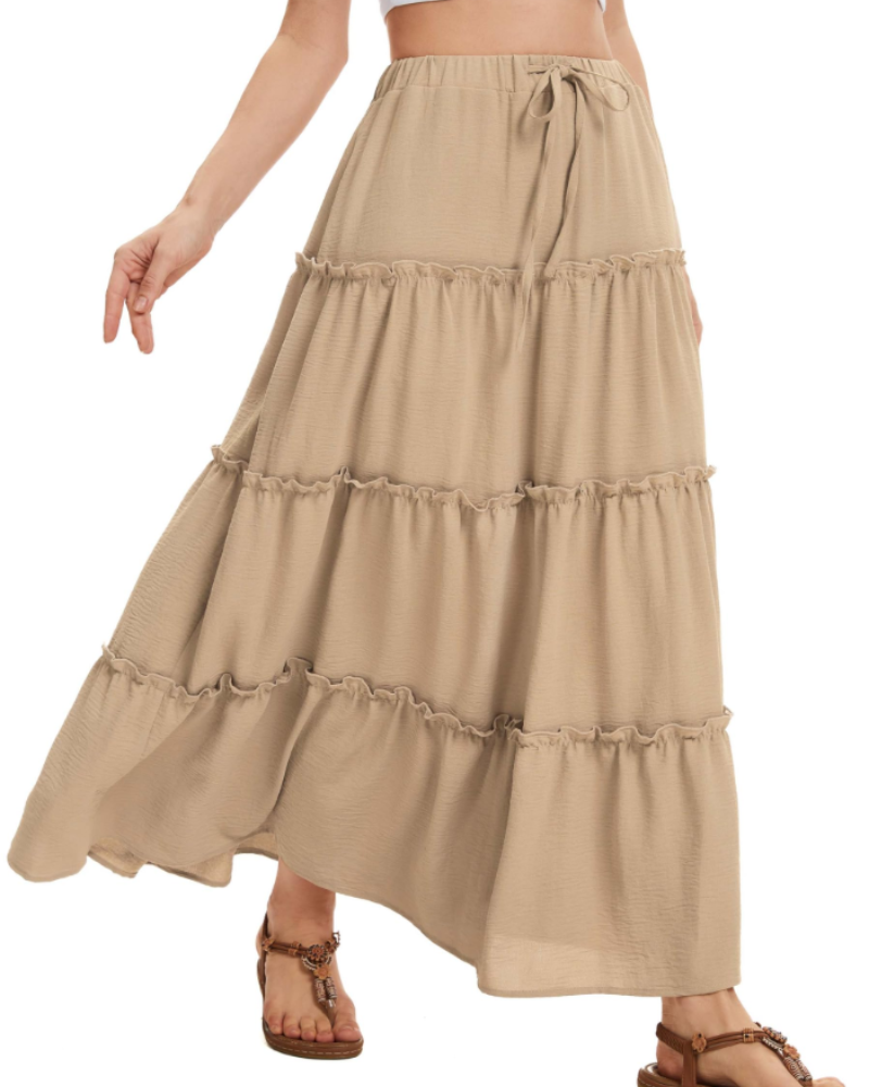 Harper Falda Midi Mujer – Falda Lino Look A-Line con Cintura Elástica y Cordón Ajustable