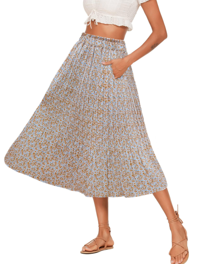 Stella Falda Midi Mujer – Plisada de Gasa con Estampado Lunares y Bolsillos Laterales