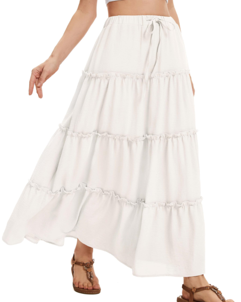 Harper Falda Midi Mujer – Falda Lino Look A-Line con Cintura Elástica y Cordón Ajustable