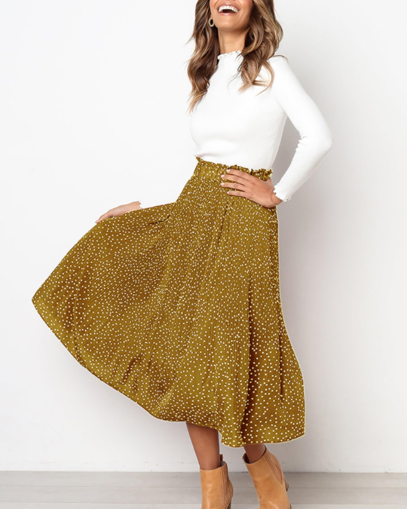 Paige Falda Midi Mujer – Plisada Polka Dot con Cintura Elástica y Bolsillos Laterales