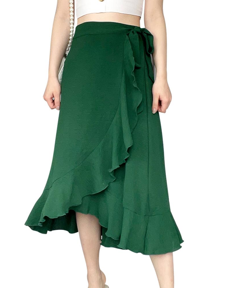 Olivia Falda Wrap Mujer – Corte Midi A-Line con Cintura Ajustable y Volante Asimétrico