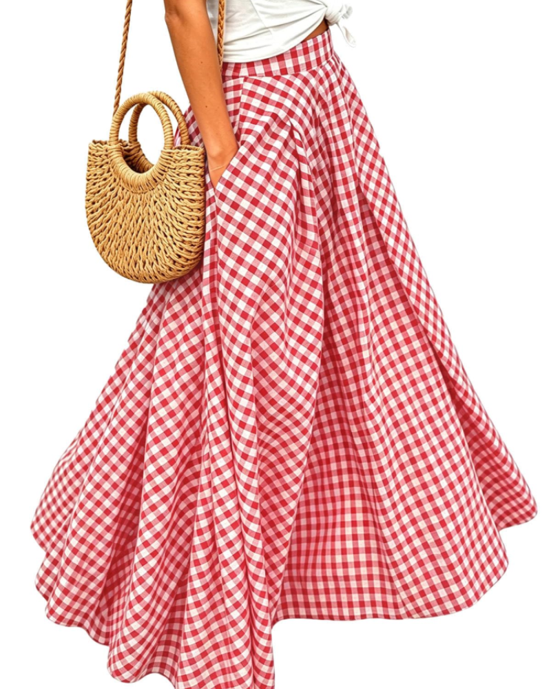 Hailey Falda Maxi Mujer – Diseño Cuadros A-Line con Bolsillos y Corte Largo Elegante