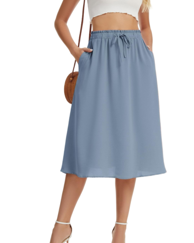 Quinn Falda Midi Mujer – Estilo Lino con Cintura Elástica, Cordón y Bolsillos