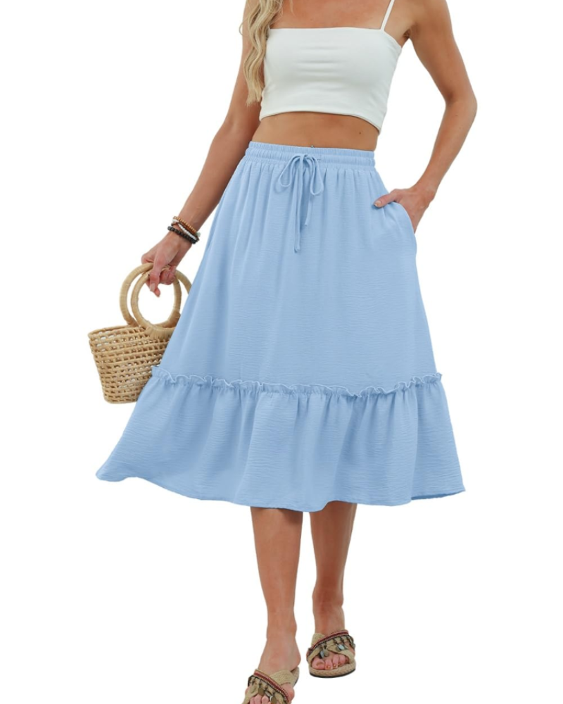 Freya Falda Midi Mujer – Falda Casual con Cintura Elástica, Cordón Ajustable y Bolsillos