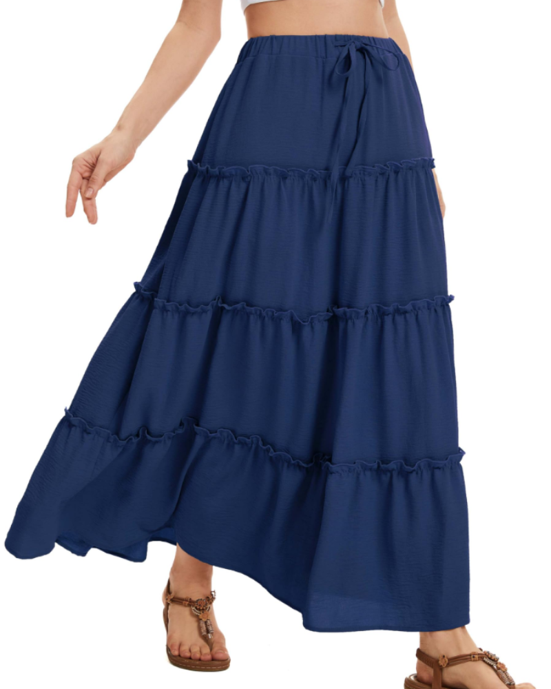 Harper Falda Midi Mujer – Falda Lino Look A-Line con Cintura Elástica y Cordón Ajustable