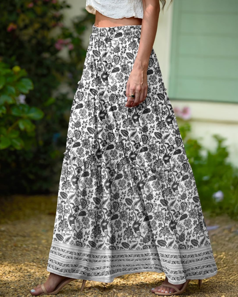 Penelope Falda Maxi Mujer – Falda Boho Floral con Cintura Elástica y Volantes en Capas