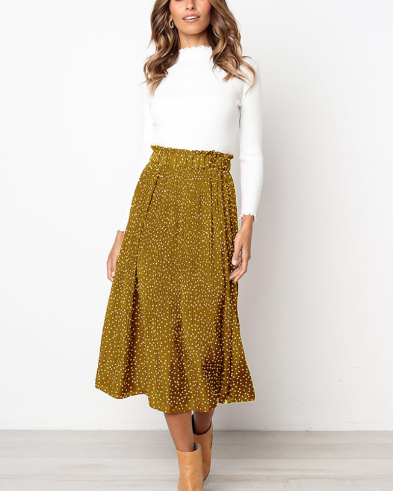 Paige Falda Midi Mujer – Plisada Polka Dot con Cintura Elástica y Bolsillos Laterales