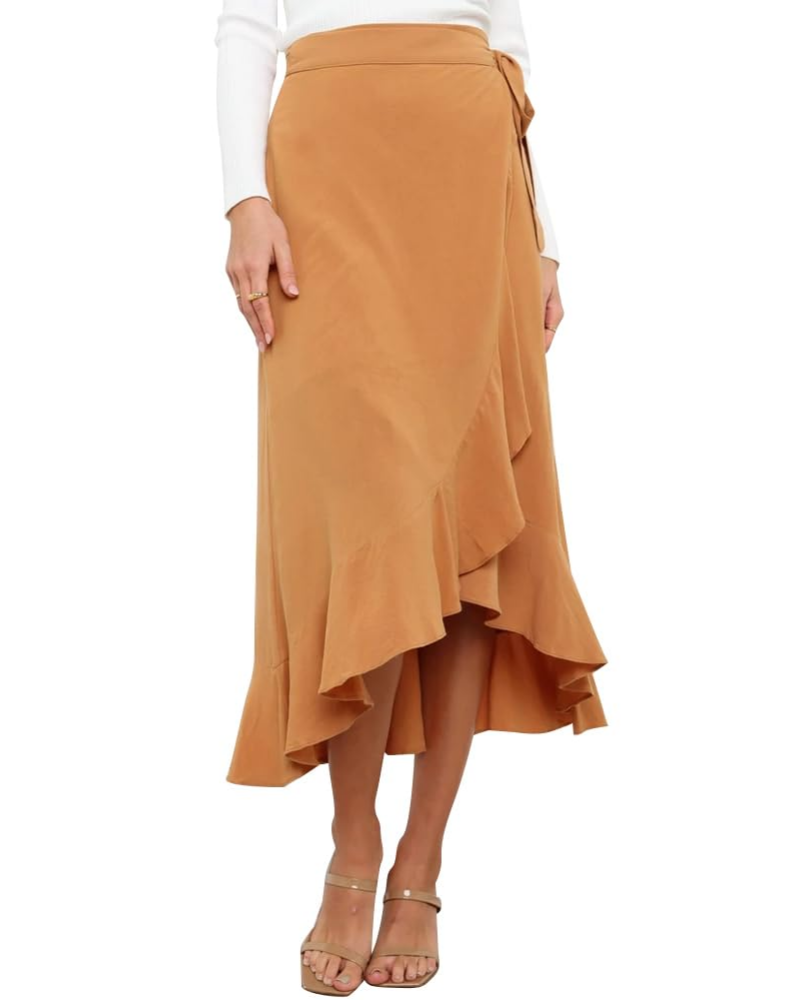 Olivia Falda Wrap Mujer – Corte Midi A-Line con Cintura Ajustable y Volante Asimétrico