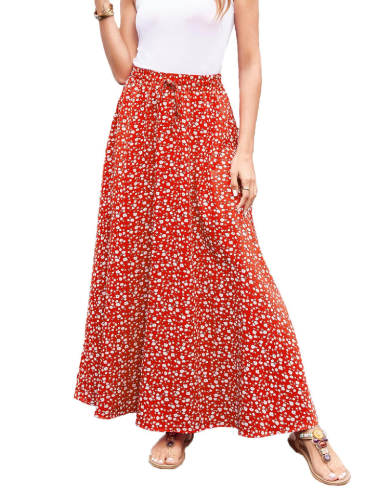 Camila Falda Maxi Mujer – Boho Floral con Cintura Elástica, Cordón Ajustable y A-Line