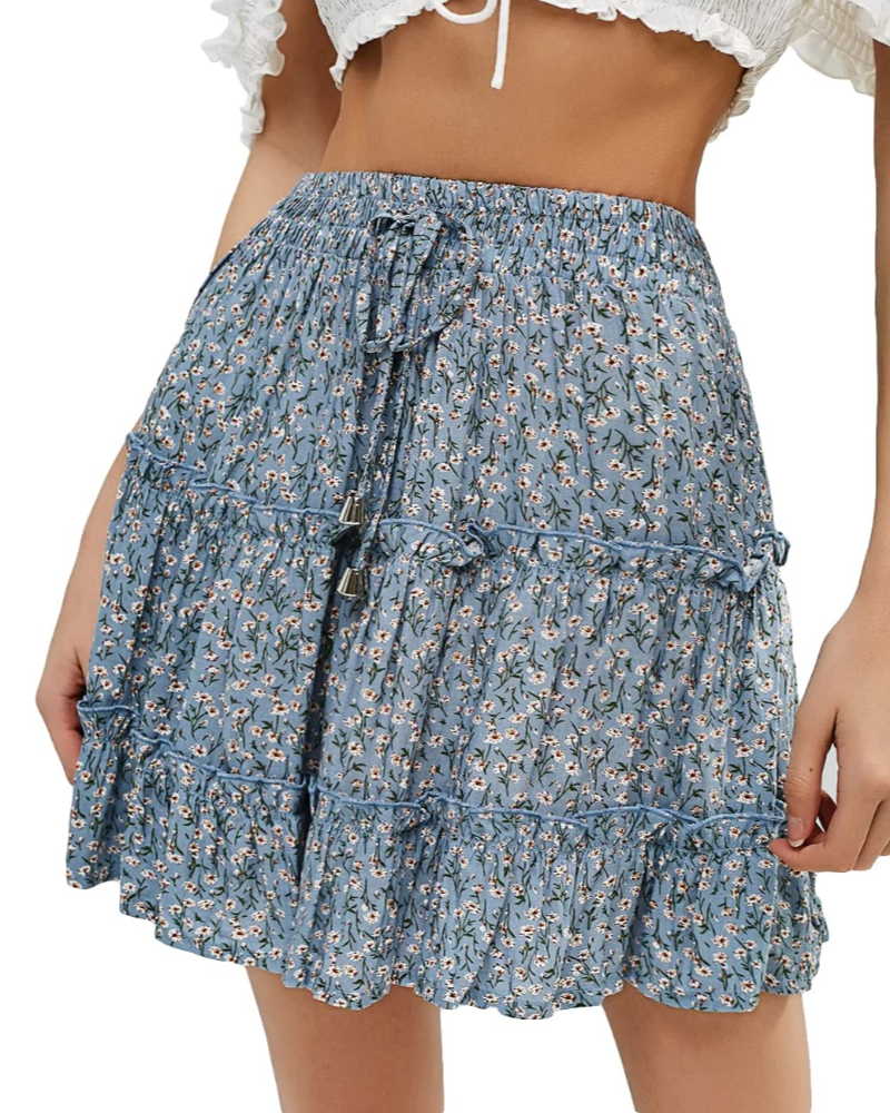 Chelsea Falda Mini Mujer – Floral Boho con Cintura Alta Elástica y Cordón