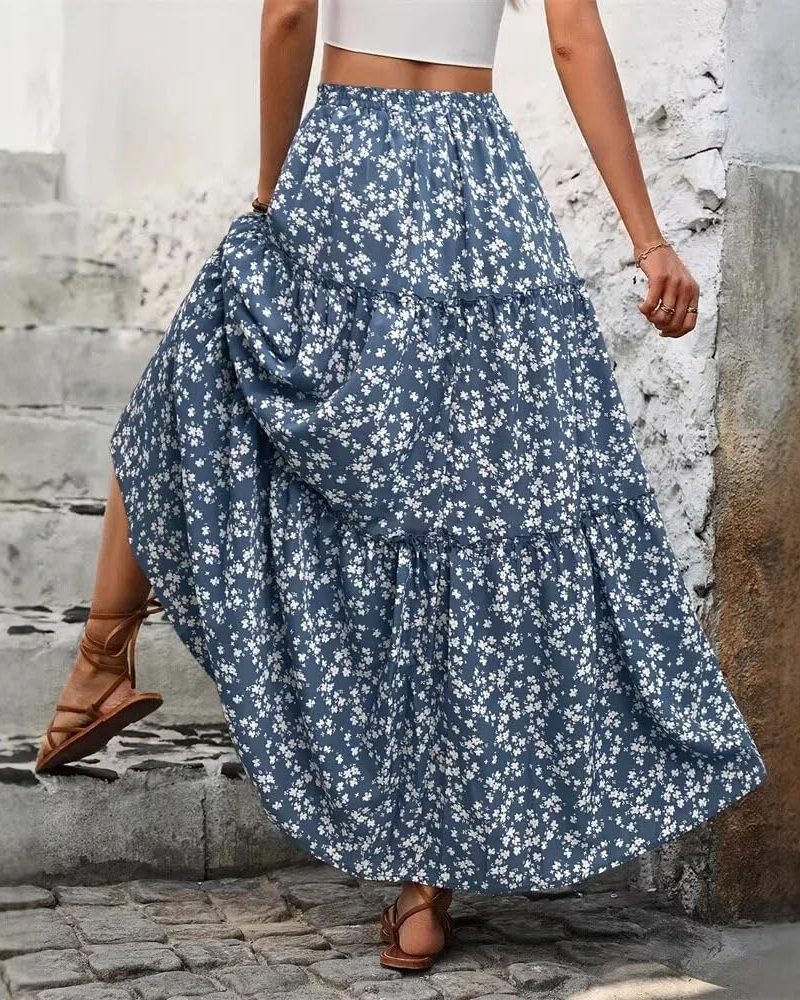 Ruby Falda Maxi Mujer – Estilo Boho Floral Vintage A-Line con Cintura Elástica y Volantes