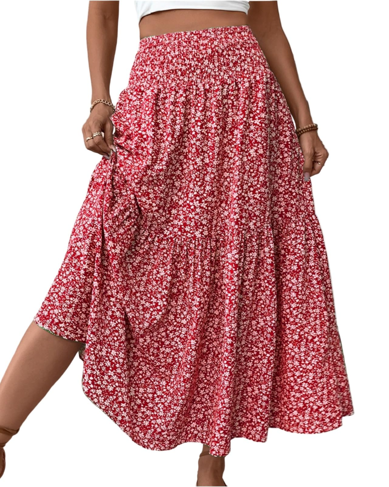 Camila Falda Maxi Mujer – Floral con Cintura Alta Elástica y Bolsillos