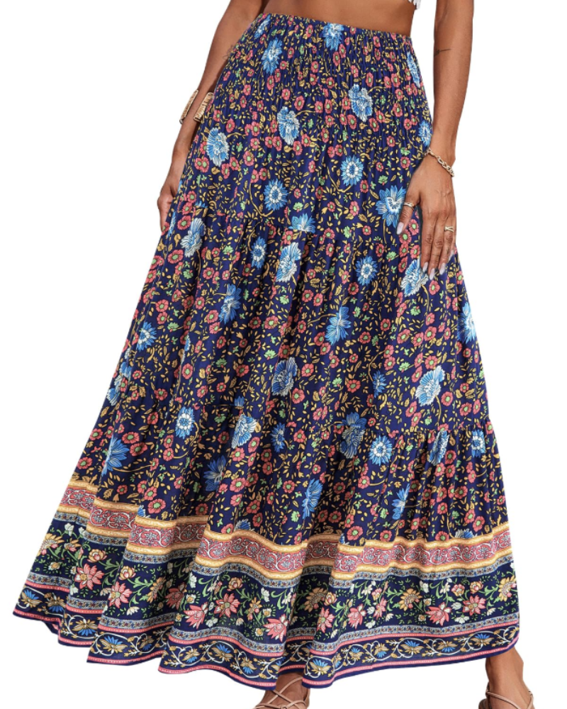 Bianca Falda Maxi Tallas Grandes – Boho Floral, Cintura Elástica y Bajo Plisado