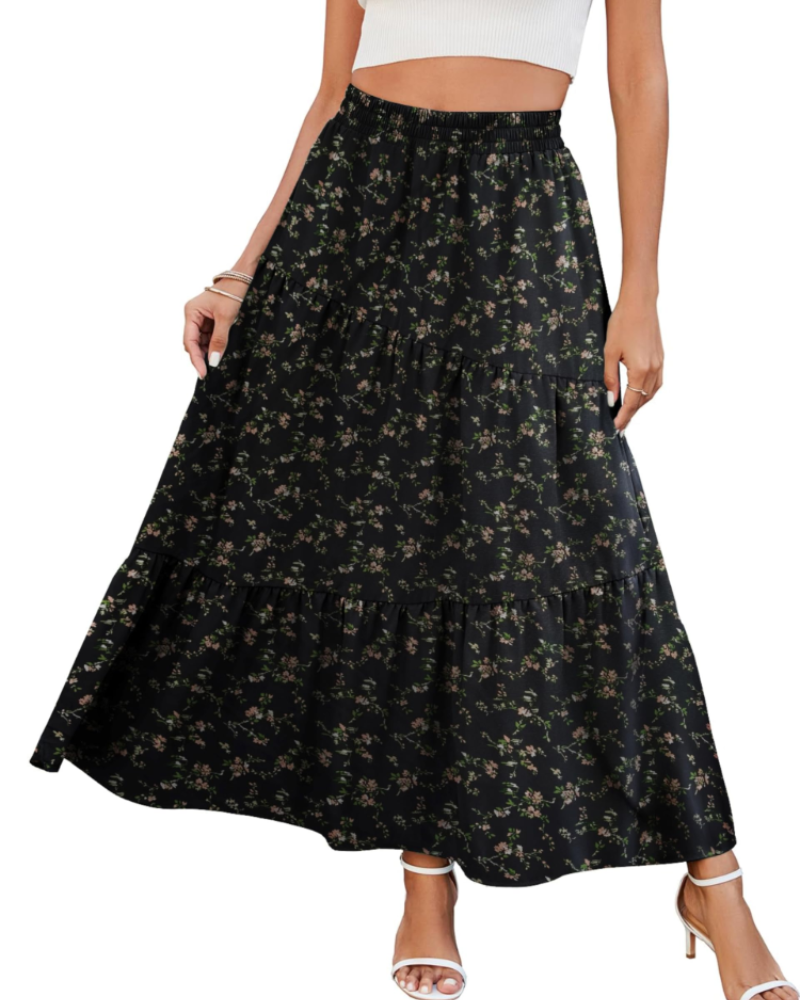 Mila Falda Maxi Mujer – Rayón Suave con Cintura Elástica, Volantes y Bolsillos