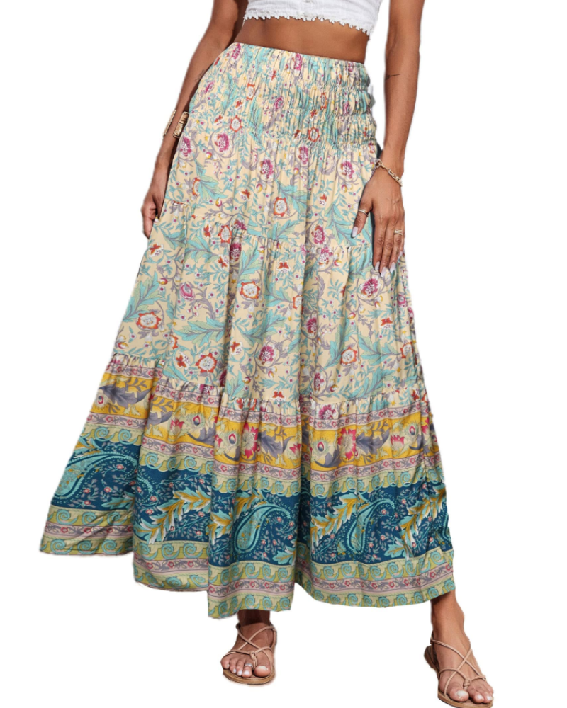 Bianca Falda Maxi Tallas Grandes – Boho Floral, Cintura Elástica y Bajo Plisado