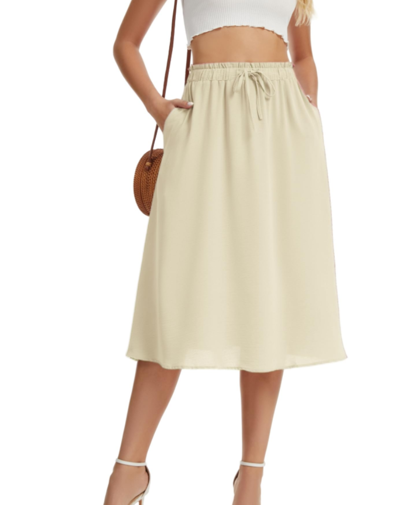 Quinn Falda Midi Mujer – Estilo Lino con Cintura Elástica, Cordón y Bolsillos